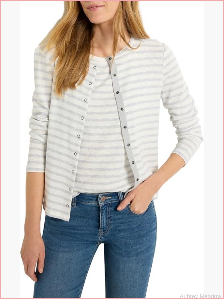 Women's Striped Snap Front Cardigan 3/4 Sleeve Cotton Modal